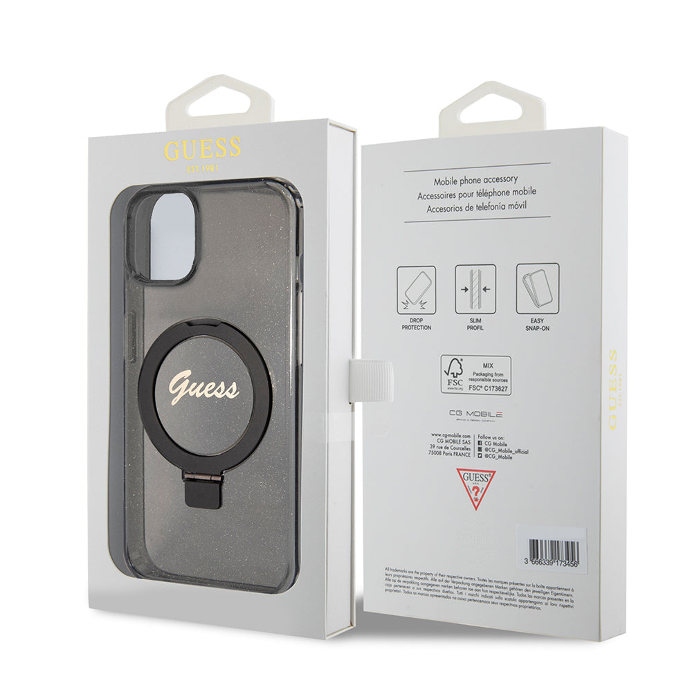 Etui MagSafe dla Apple iPhone 15 Plus, Guess, Ring Stand Script Glitter, Czarne