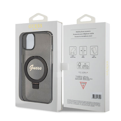 Etui MagSafe dla Apple iPhone 15 Plus, Guess, Ring Stand Script Glitter, Czarne