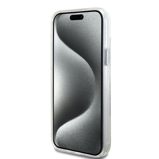 Etui MagSafe dla Apple iPhone 15 Plus, Guess, Ring Stand Script Glitter, Przezroczyste