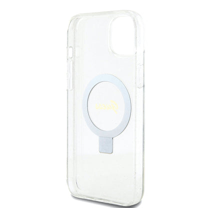 Etui MagSafe dla Apple iPhone 15 Plus, Guess, Ring Stand Script Glitter, Przezroczyste