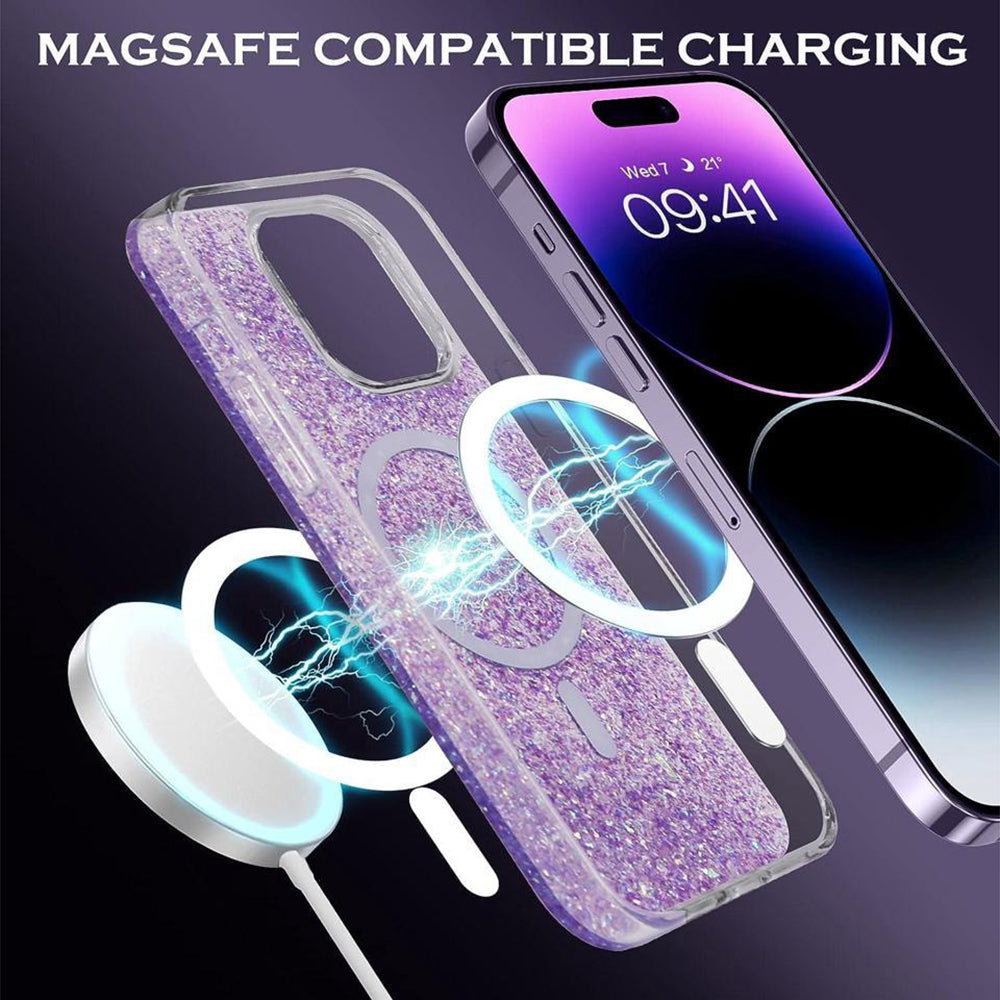 MagSafe Case for Apple iPhone 15 Plus, Techsuit, Sparkly Glitter, Purple