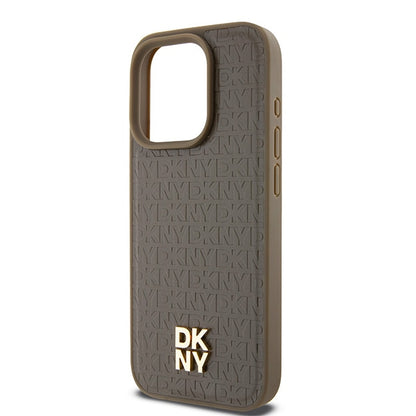 Etui MagSafe dla Apple iPhone 15 Pro, DKNY, Monogram Pattern Metal Logo, Brązowy