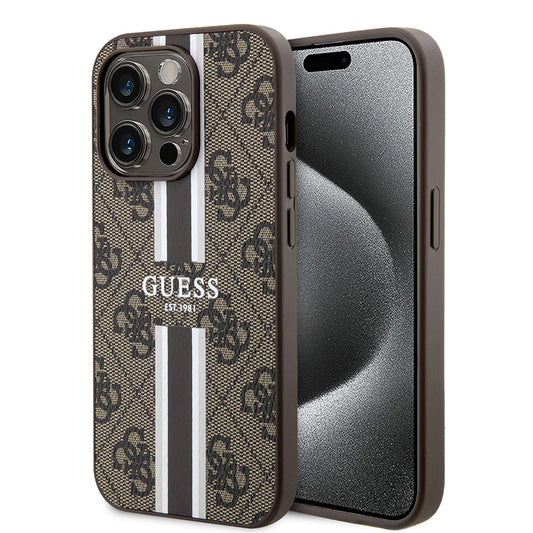 Etui MagSafe dla Apple iPhone 15 Pro, Guess, 4G Printed Stripes, Brązowy