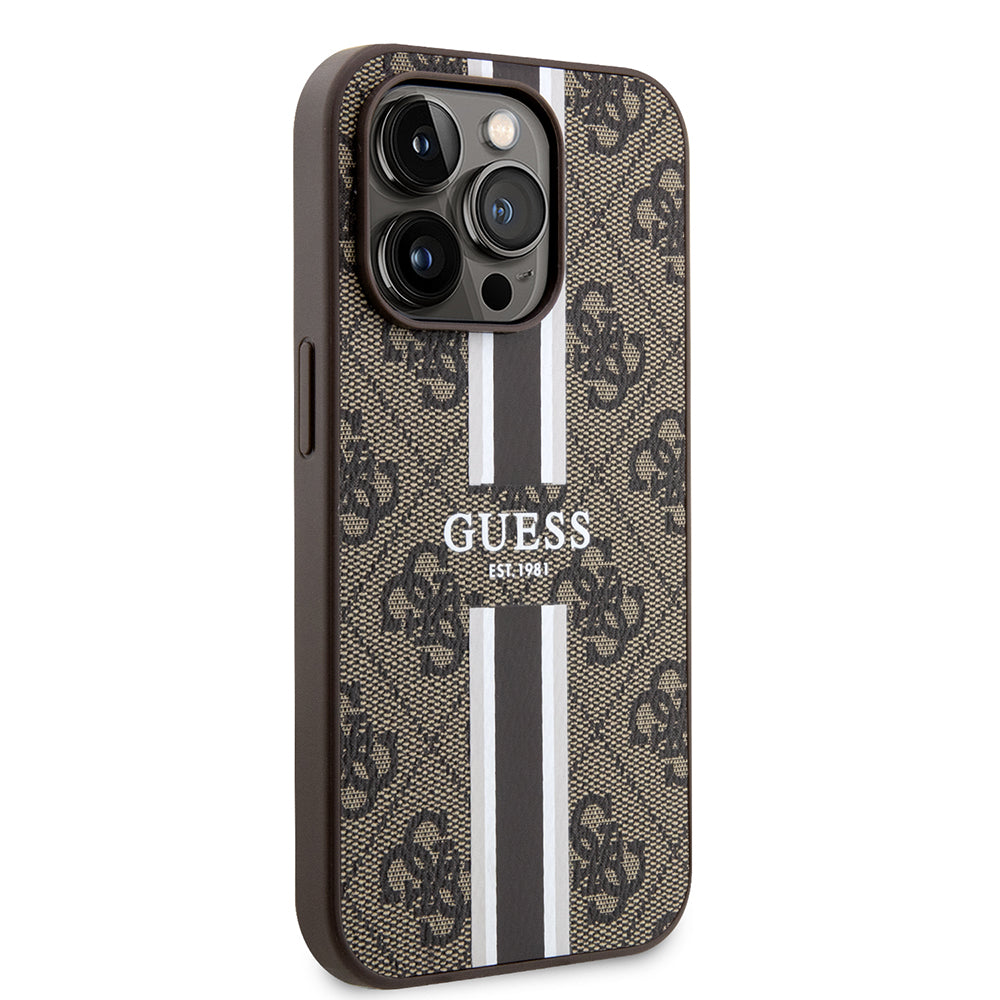 Etui MagSafe dla Apple iPhone 15 Pro, Guess, 4G Printed Stripes, Brązowy