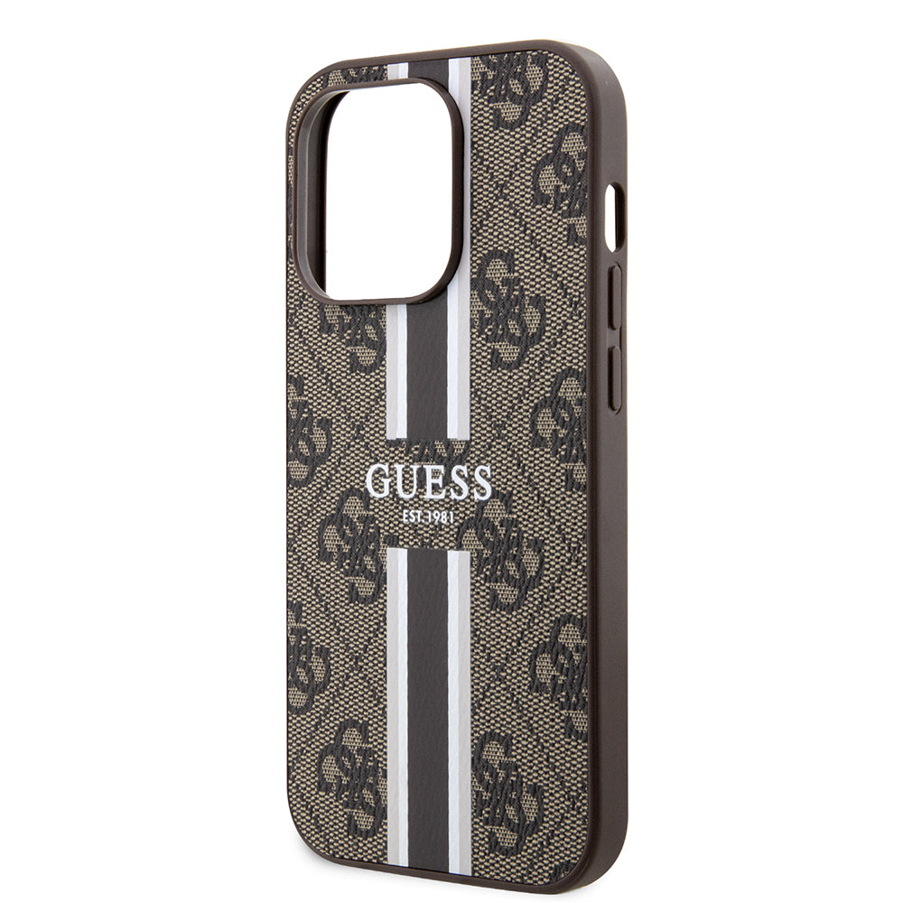 Etui MagSafe dla Apple iPhone 15 Pro, Guess, 4G Printed Stripes, Brązowy