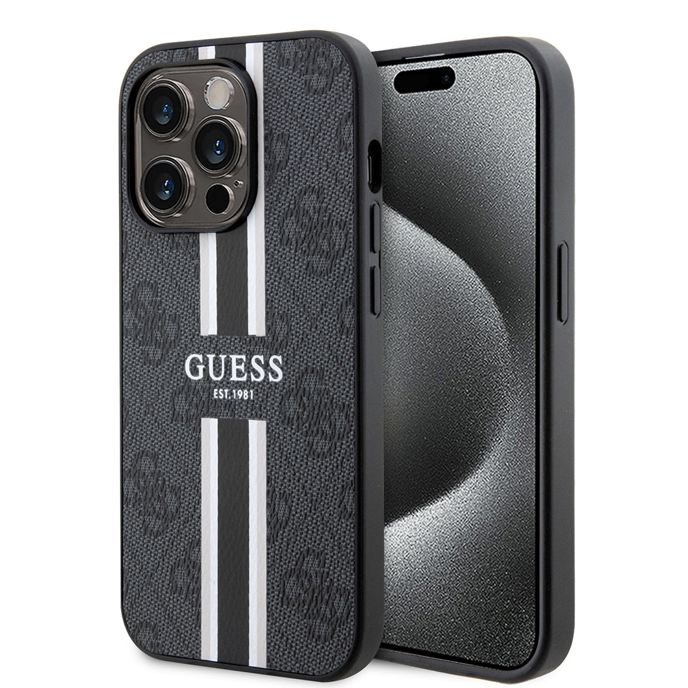 MagSafe Case for Apple iPhone 15 Pro, Guess, 4G Printed Stripes, Black