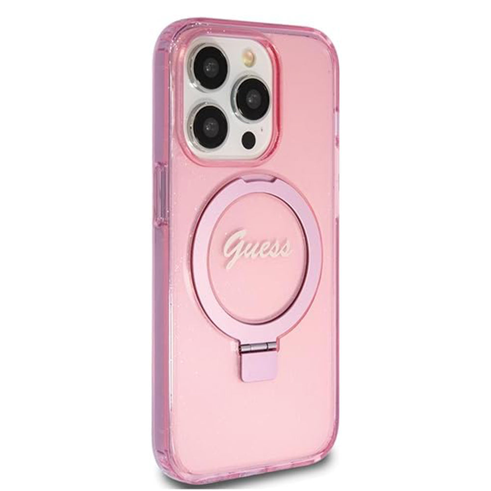 Etui MagSafe dla Apple iPhone 15 Pro, Guess, IML Ring Stand Glitter, Różowy