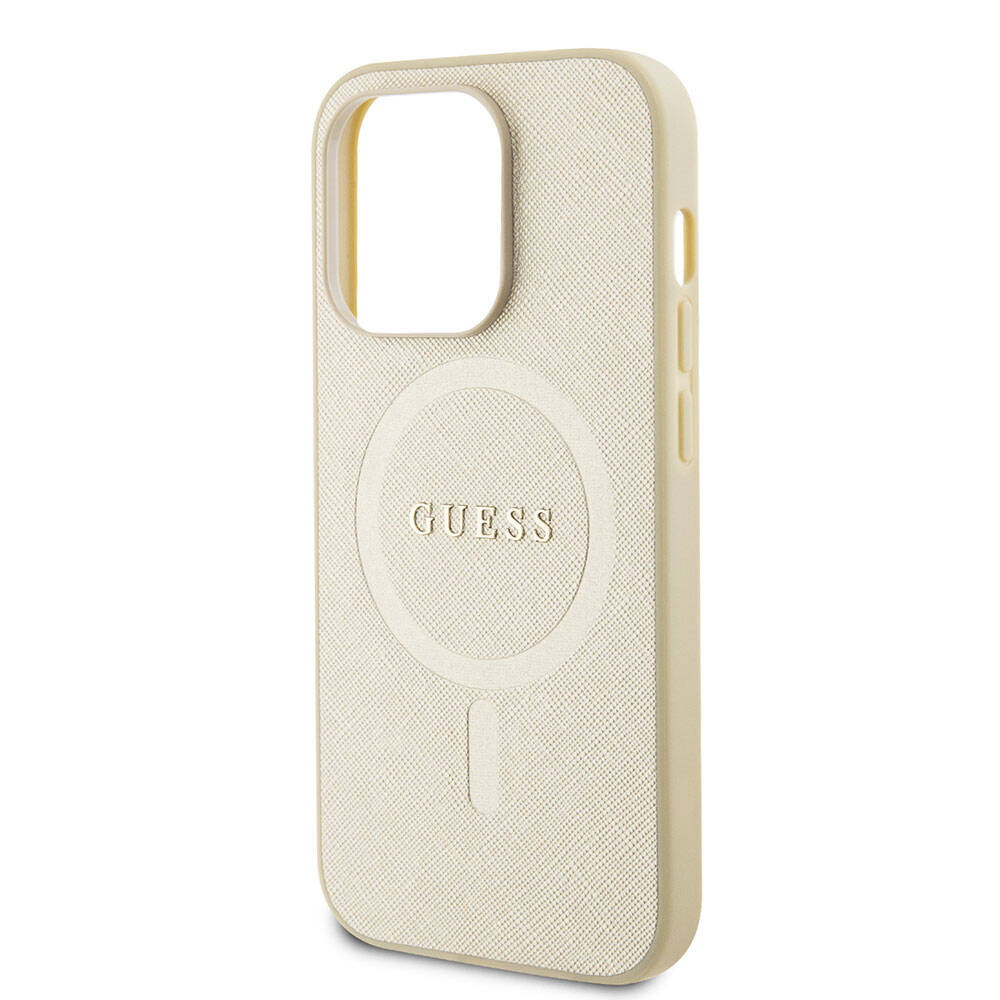 Etui MagSafe dla Apple iPhone 15 Pro, Guess, Saffiano, Beżowy