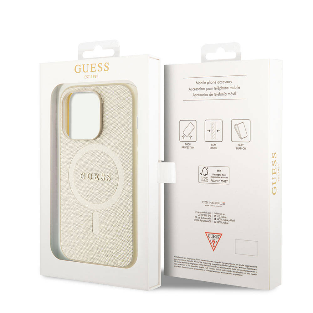 Etui MagSafe dla Apple iPhone 15 Pro, Guess, Saffiano, Beżowy