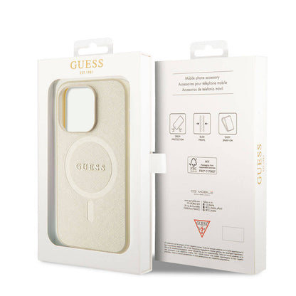Etui MagSafe dla Apple iPhone 15 Pro, Guess, Saffiano, Beżowy
