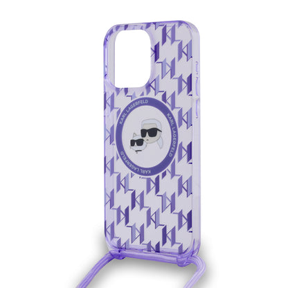 MagSafe Case for Apple iPhone 15 Pro, Karl Lagerfeld, IML Crossbody Monogram Karl & Choupette's Heads, Purple