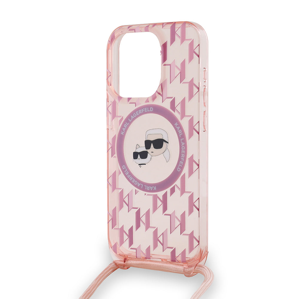 Etui MagSafe dla Apple iPhone 15 Pro, Karl Lagerfeld, IML Crossbody Monogram Karl & Choupette's Heads, Różowy