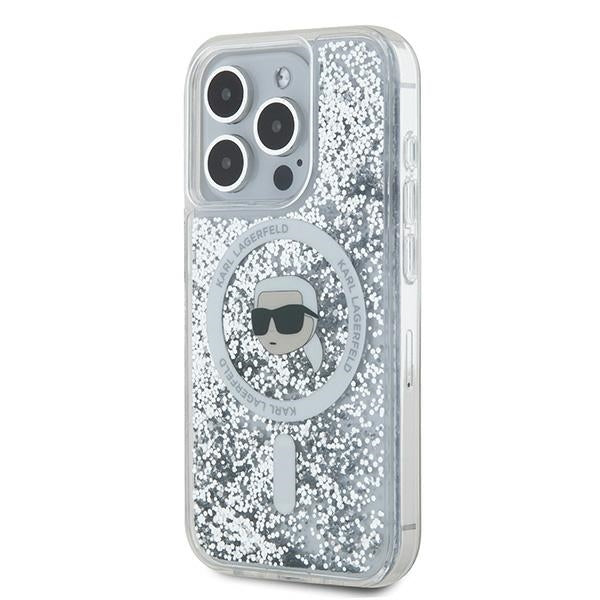 MagSafe Case for Apple iPhone 15 Pro, Karl Lagerfeld, Liquid Glitter Karl's Head, Transparent