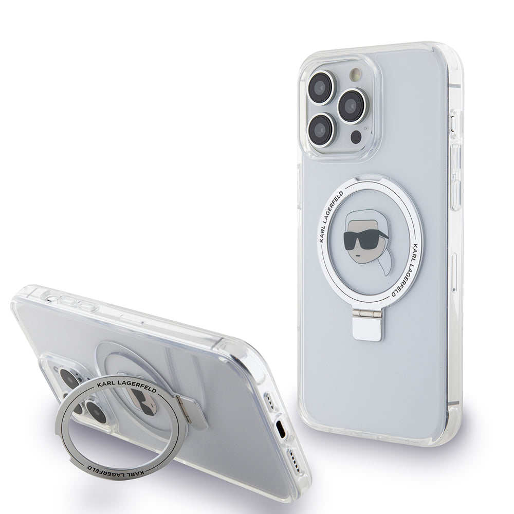 Etui MagSafe dla Apple iPhone 15 Pro, Karl Lagerfeld, Ring Stand Karl's Head, Białe