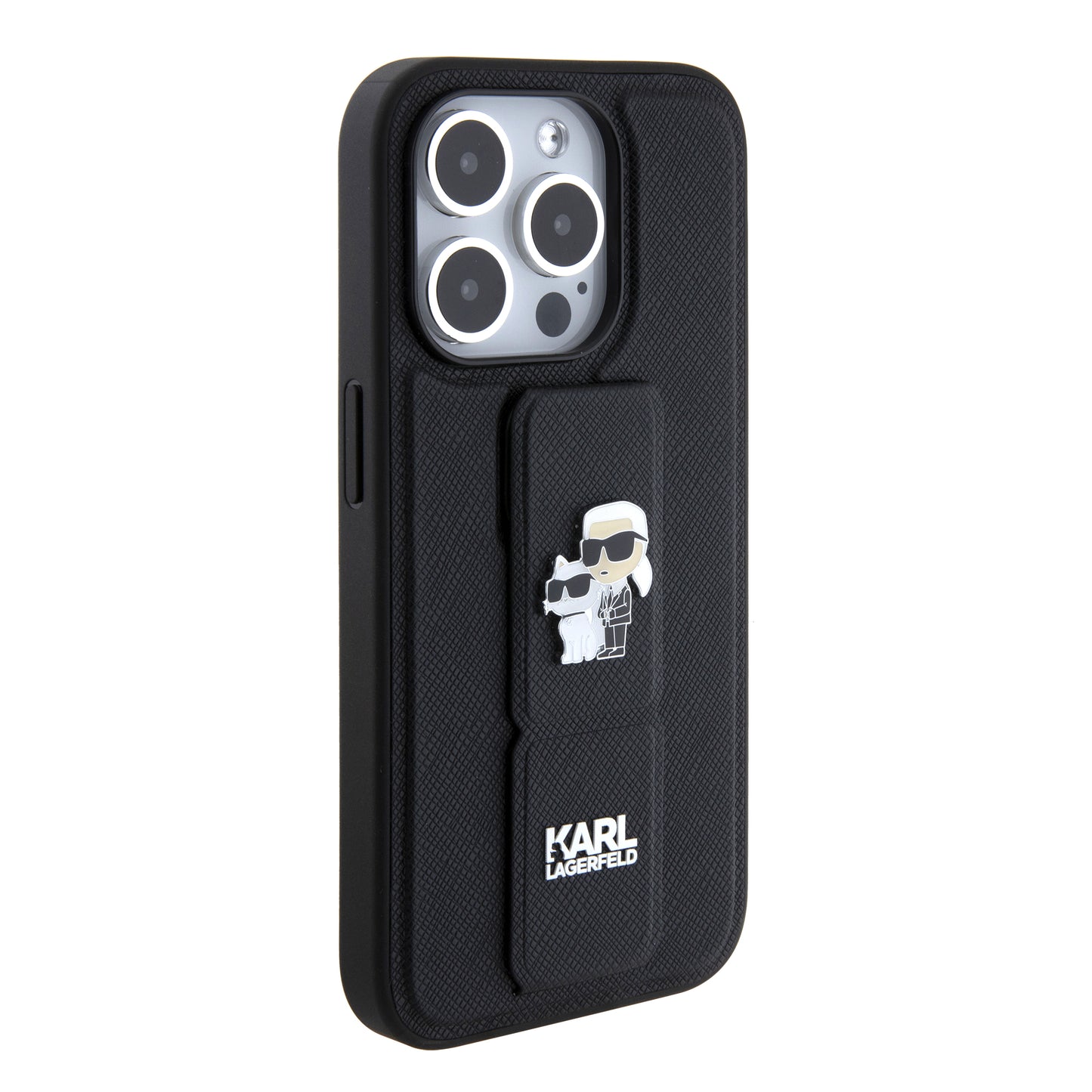 Etui MagSafe dla Apple iPhone 15 Pro, Karl Lagerfeld, Saffiano Gripstand Karl & Choupette, Czarne
