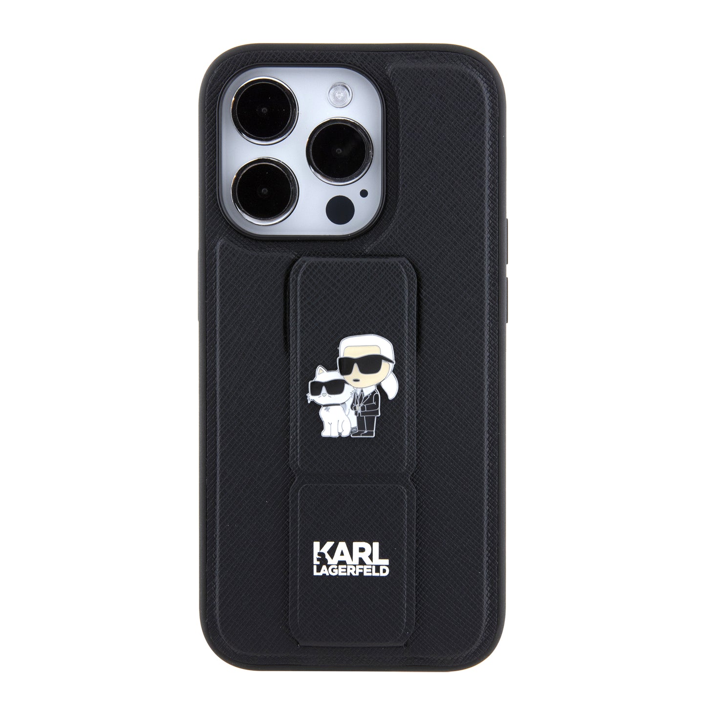 Etui MagSafe dla Apple iPhone 15 Pro, Karl Lagerfeld, Saffiano Gripstand Karl & Choupette, Czarne