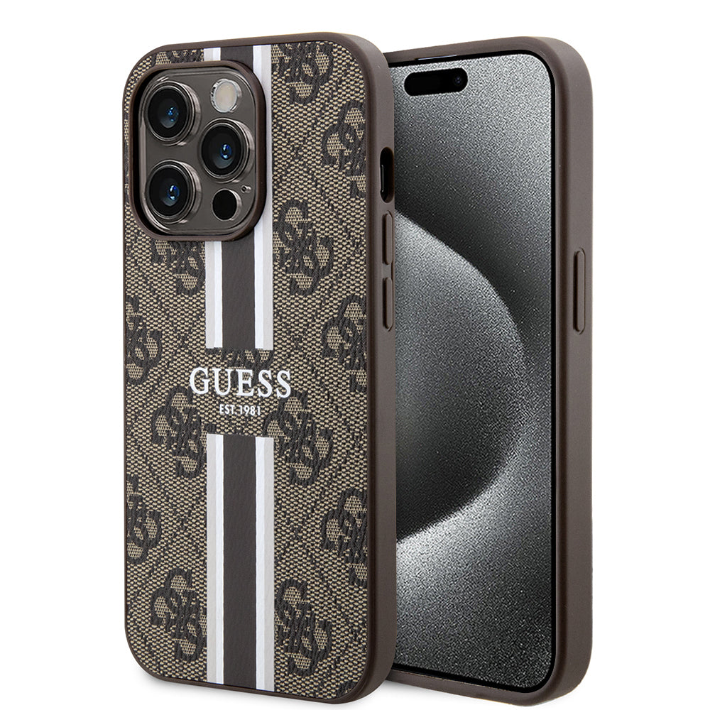 Etui MagSafe dla Apple iPhone 15 Pro Max, Guess, 4G Printed Stripes, Brązowy