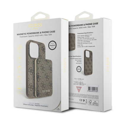 Etui MagSafe dla Apple iPhone 15 Pro Max, Guess, Powerbank 4G Metal Logo, Brązowy