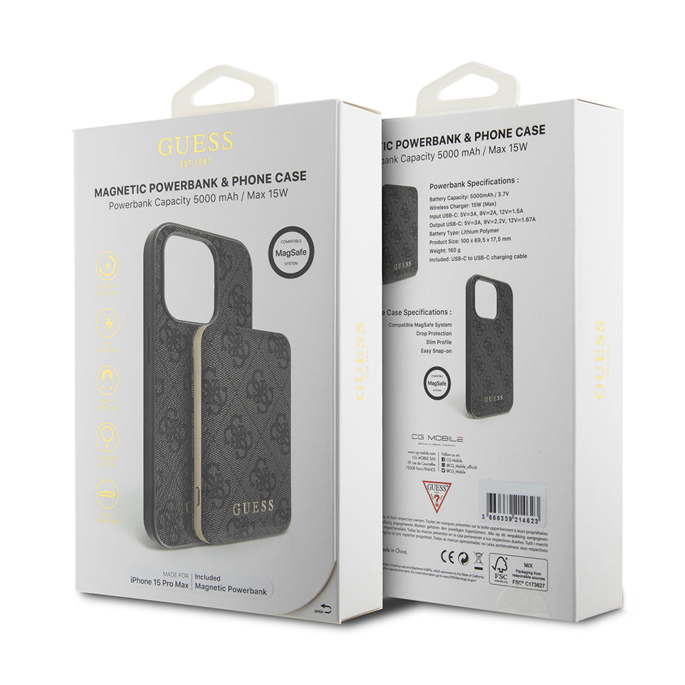 Etui MagSafe dla Apple iPhone 15 Pro Max, Guess, Powerbank 4G Metal Logo, Czarne