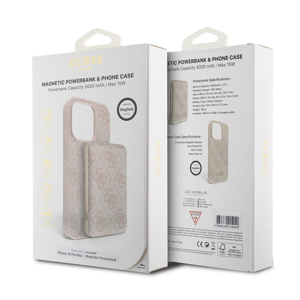 Etui MagSafe dla Apple iPhone 15 Pro Max, Guess, Powerbank 4G Metal Logo, Różowy