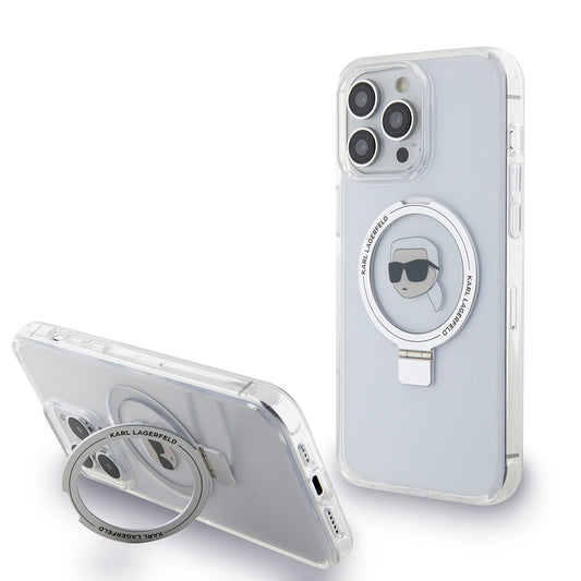 Etui MagSafe dla Apple iPhone 15 Pro Max, Karl Lagerfeld, Ring Stand Karl's Head, Białe