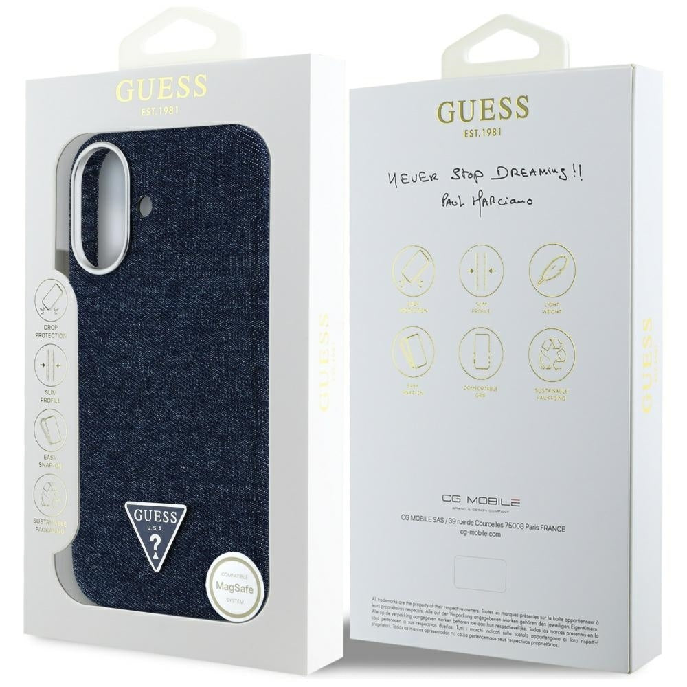 Etui MagSafe dla Apple iPhone 16, Guess, Denim Triangle Logo, Niebieskie