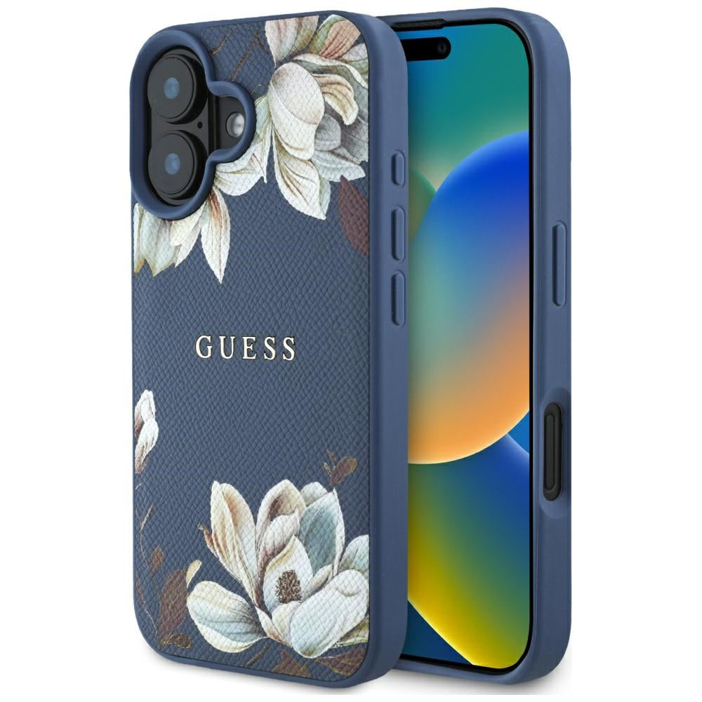 Etui MagSafe dla Apple iPhone 16, Guess, Grained Flowers, Niebieskie