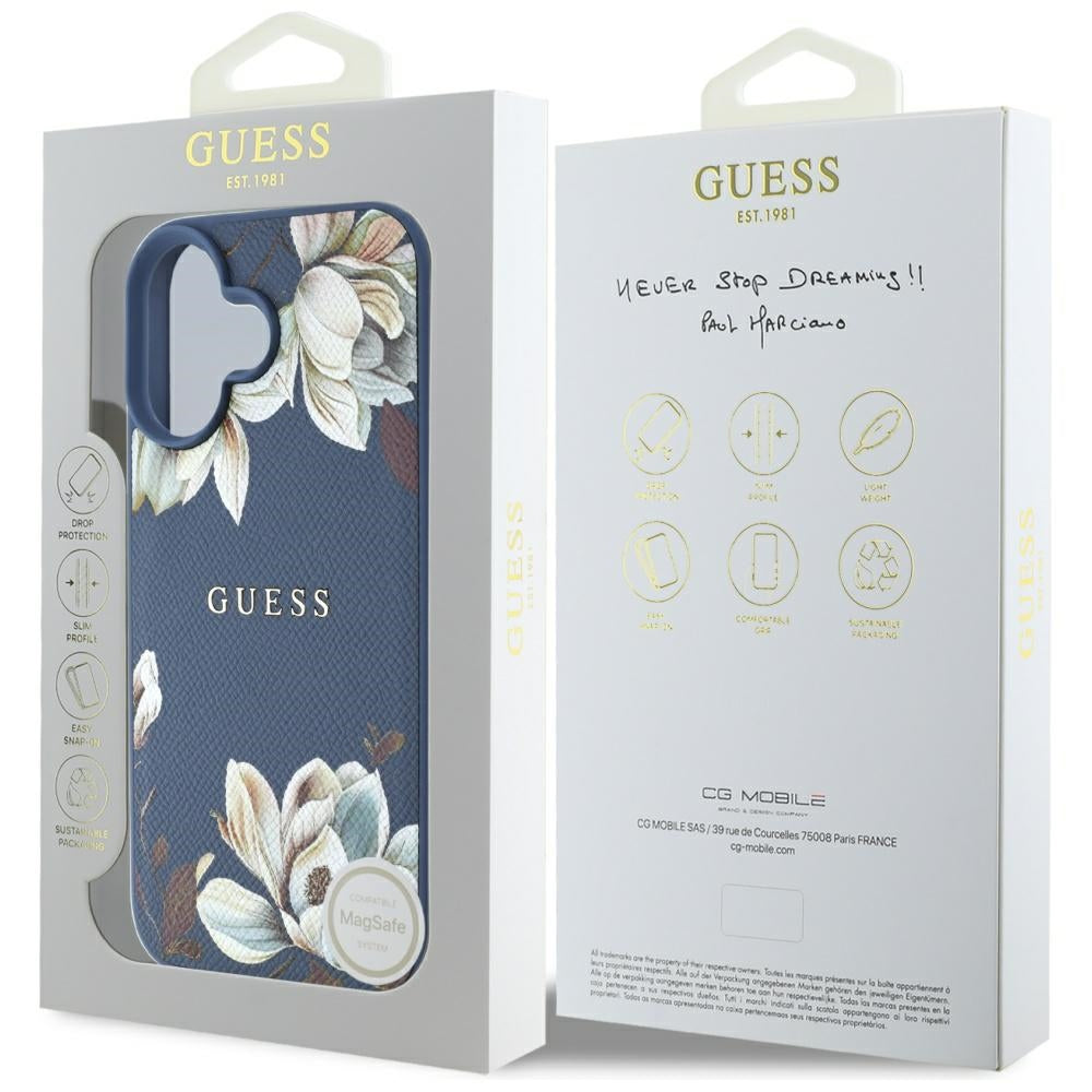 Etui MagSafe dla Apple iPhone 16, Guess, Grained Flowers, Niebieskie