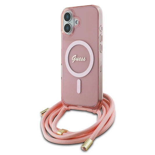 Etui MagSafe dla Apple iPhone 16, Guess, IML Crossbody Cord Script, Różowy