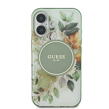 Etui MagSafe dla Apple iPhone 16, Guess, IML Flower & Tonal Circle, Zielony