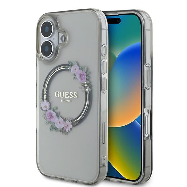 Etui MagSafe dla Apple iPhone 16, Guess, IML Flowers Wreath, Czarne