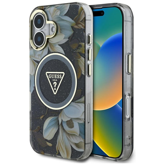 Etui MagSafe dla Apple iPhone 16, Guess, IML Metal Glitter Flowers Triangle, Czarne