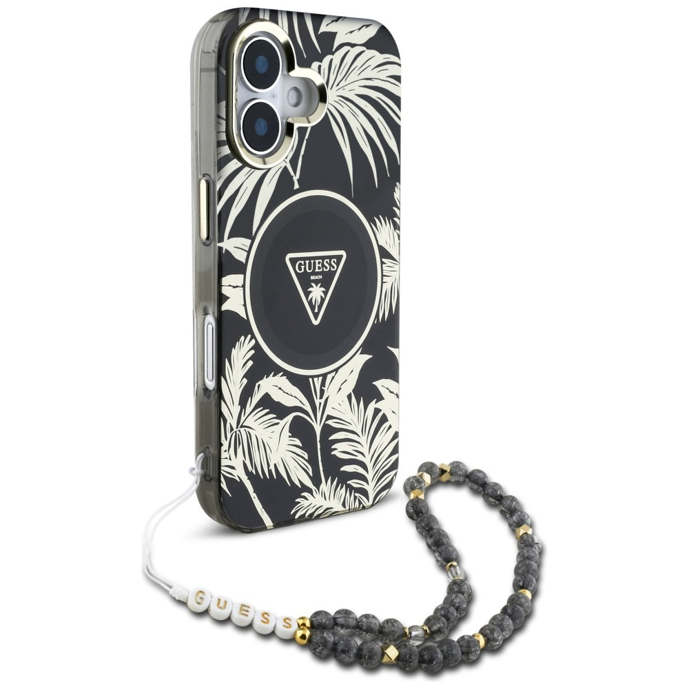 Etui MagSafe dla Apple iPhone 16, Guess, IML Palm Trees Triangle with Pearl Strap, Czarne