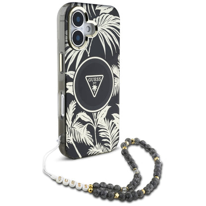 Etui MagSafe dla Apple iPhone 16, Guess, IML Palm Trees Triangle with Pearl Strap, Czarne