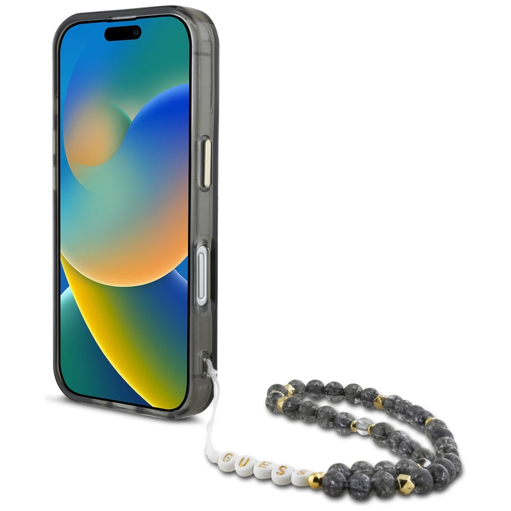 Etui MagSafe dla Apple iPhone 16, Guess, IML Palm Trees Triangle with Pearl Strap, Czarne