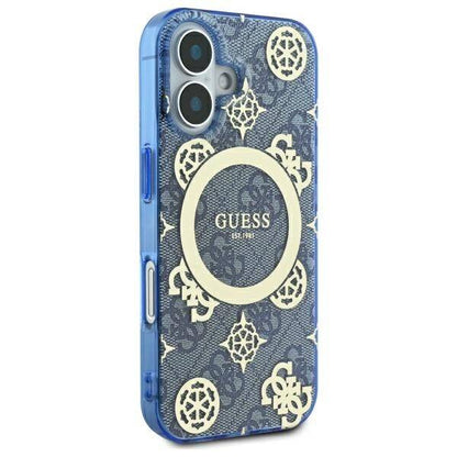 Etui MagSafe dla Apple iPhone 16, Guess, IML Peony On 4G Background, Niebieskie