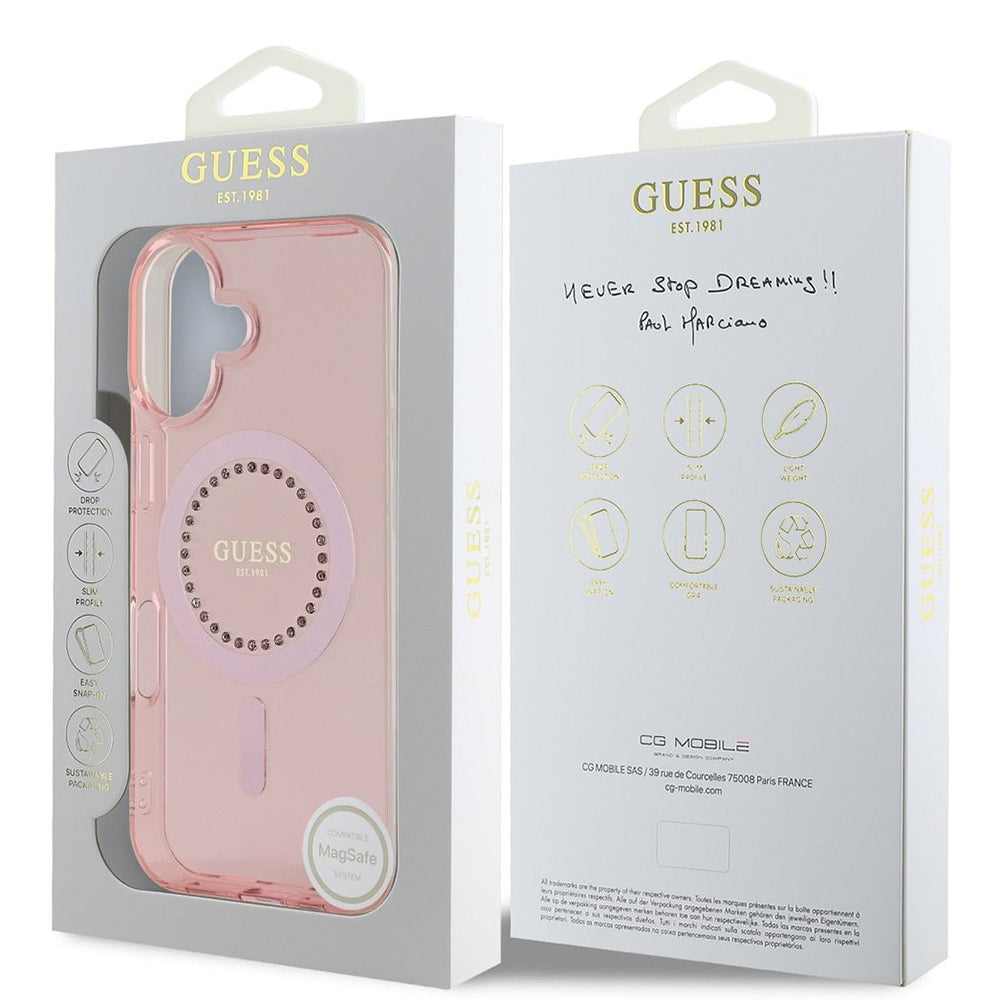 Etui MagSafe dla Apple iPhone 16, Guess, IML Rhinestones Ring, Różowy GUHMP16SPFTDTEP