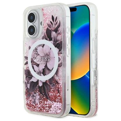 Etui MagSafe dla Apple iPhone 16, Guess, Liquid Glitter Flower, Różowy