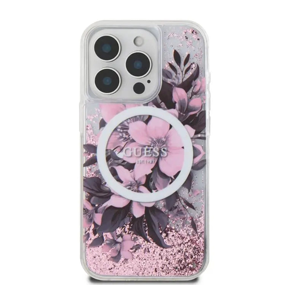 Etui MagSafe dla Apple iPhone 16, Guess, Liquid Glitter Flower, Różowy