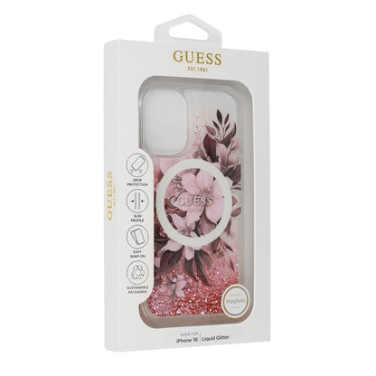 Etui MagSafe dla Apple iPhone 16, Guess, Liquid Glitter Flower, Różowy