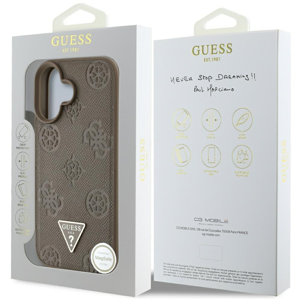 Etui MagSafe dla Apple iPhone 16, Guess, Peony Grained Hot Stamp Triangle, Brązowy