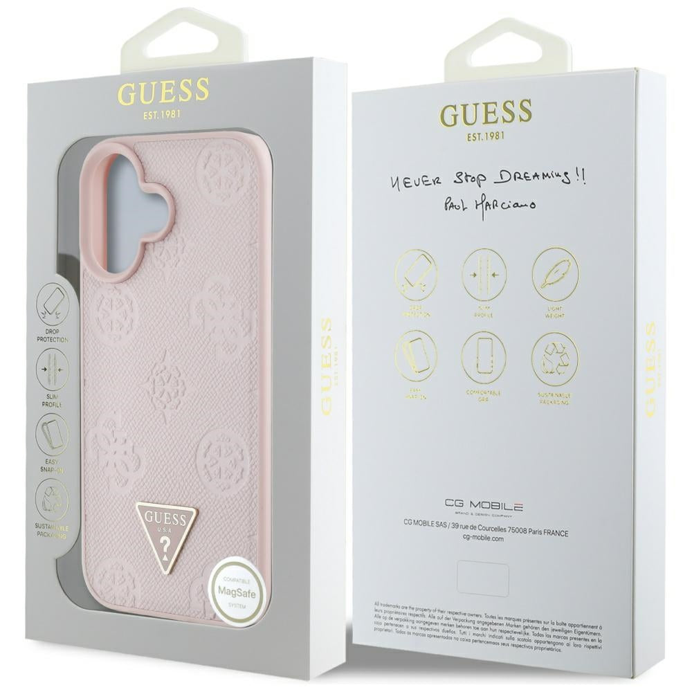Etui MagSafe dla Apple iPhone 16, Guess, Peony Grained Hot Stamp Triangle, Różowy