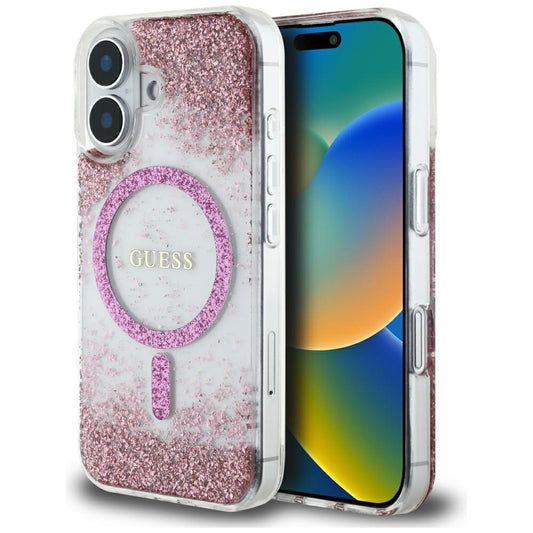 Etui MagSafe dla Apple iPhone 16, Guess, Resin Bottom Glitter, Różowy