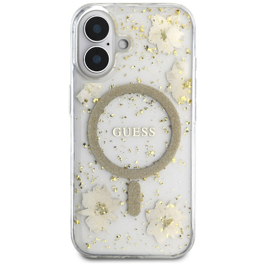 Etui MagSafe dla Apple iPhone 16, Guess, Resin Flowers and Glitter, Beżowy