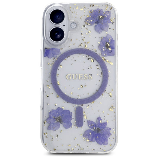 Etui MagSafe dla Apple iPhone 16, Guess, Resin Flowers and Glitter, Fioletowy