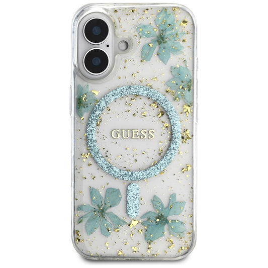 Etui MagSafe dla Apple iPhone 16, Guess, Resin Flowers and Glitter, Turkusowy