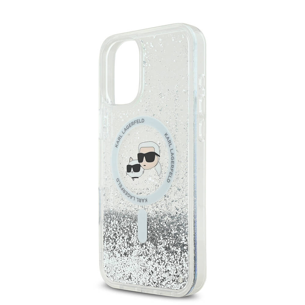 Etui MagSafe dla Apple iPhone 16, Karl Lagerfeld, Glitter Liquid Karl & Choupette's Heads, Przezroczyste