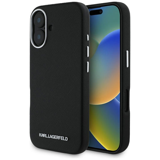 Etui MagSafe dla Apple iPhone 16, Karl Lagerfeld, Saffiano Full Wrapped Elongated Metal Logo, Czarne