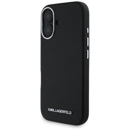 MagSafe Case for Apple iPhone 16, Karl Lagerfeld, Saffiano Full Wrapped Elongated Metal Logo, Black