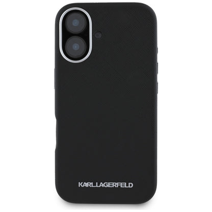 MagSafe Case for Apple iPhone 16, Karl Lagerfeld, Saffiano Full Wrapped Elongated Metal Logo, Black